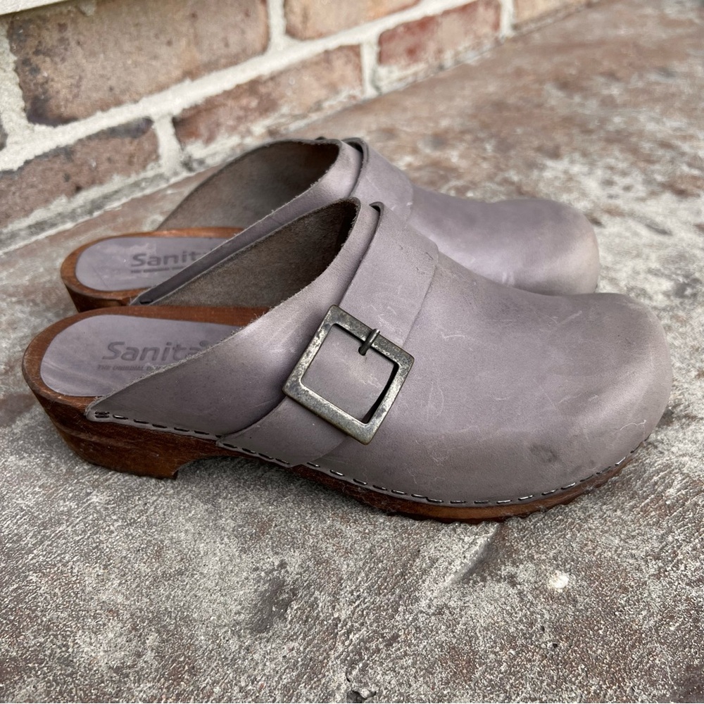 Sanita Gray Suede Buckle Clog Mule - Picture 6 of 13